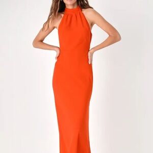 Lulu's Precious Poise Red Orange Backless Halter Neck Maxi Dress